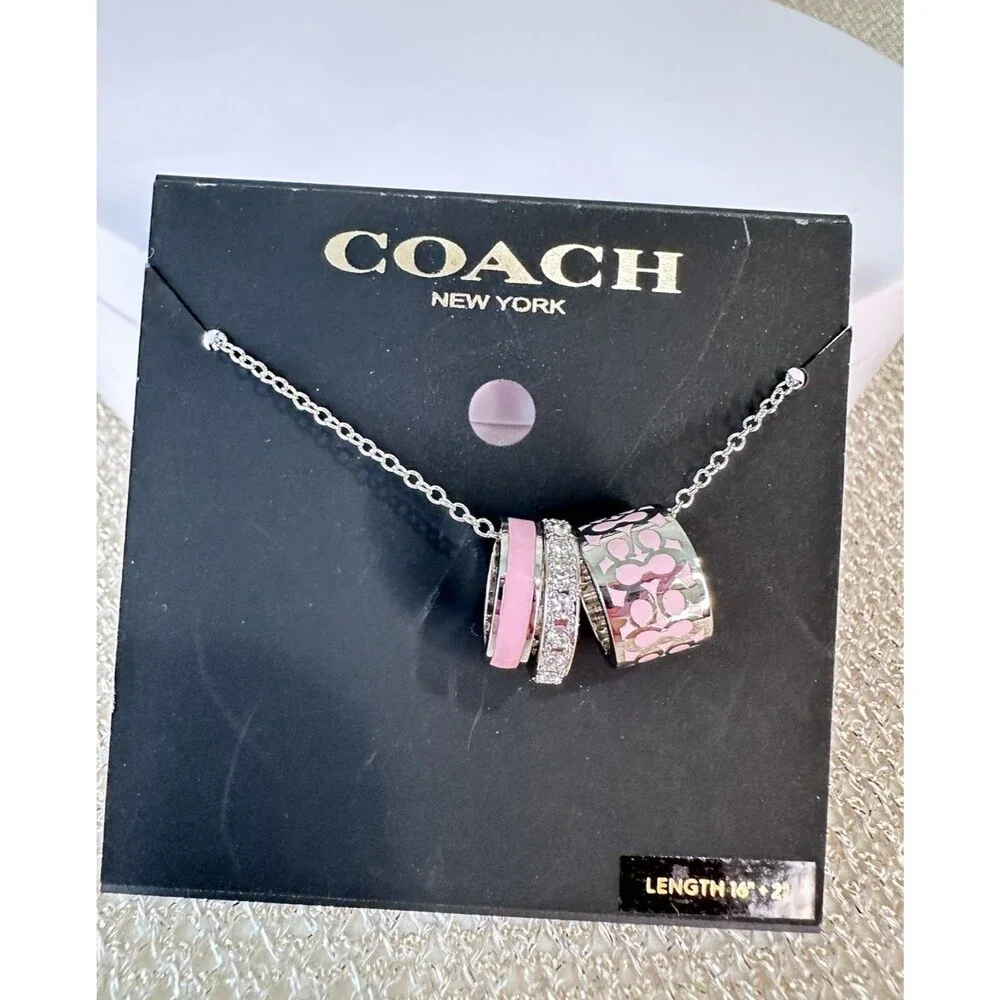Coach Silver Signature Rondell 3 Ring Necklace Pink Enamel 16” + 2”